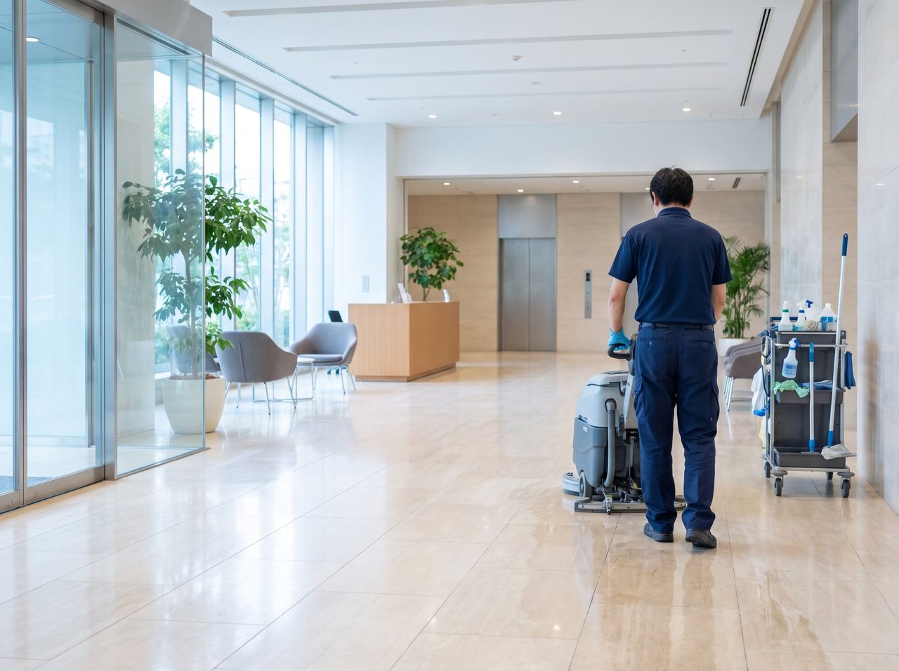 始業前のオフィスビルのエントランスで、床洗浄機を押して石の床を洗うスタッフの後ろ姿