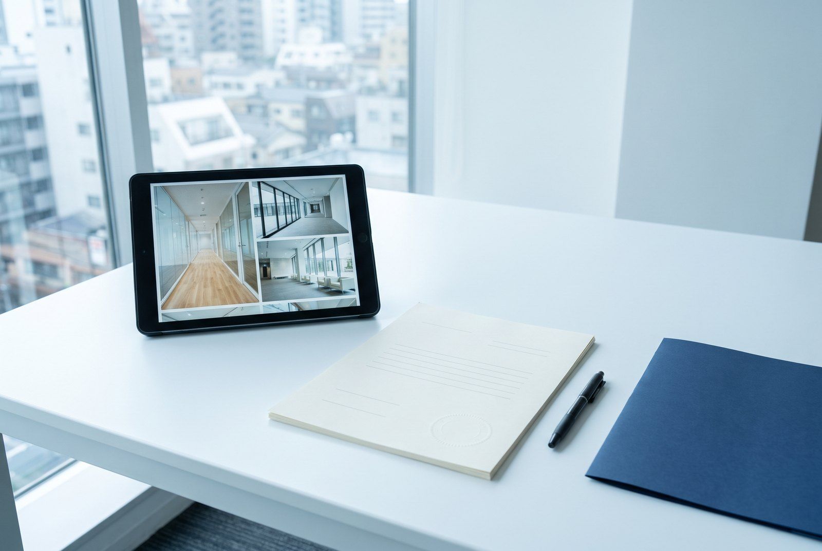 机の上に置いた、施設の写真が並ぶタブレットと書類、ペン、紺色のファイル